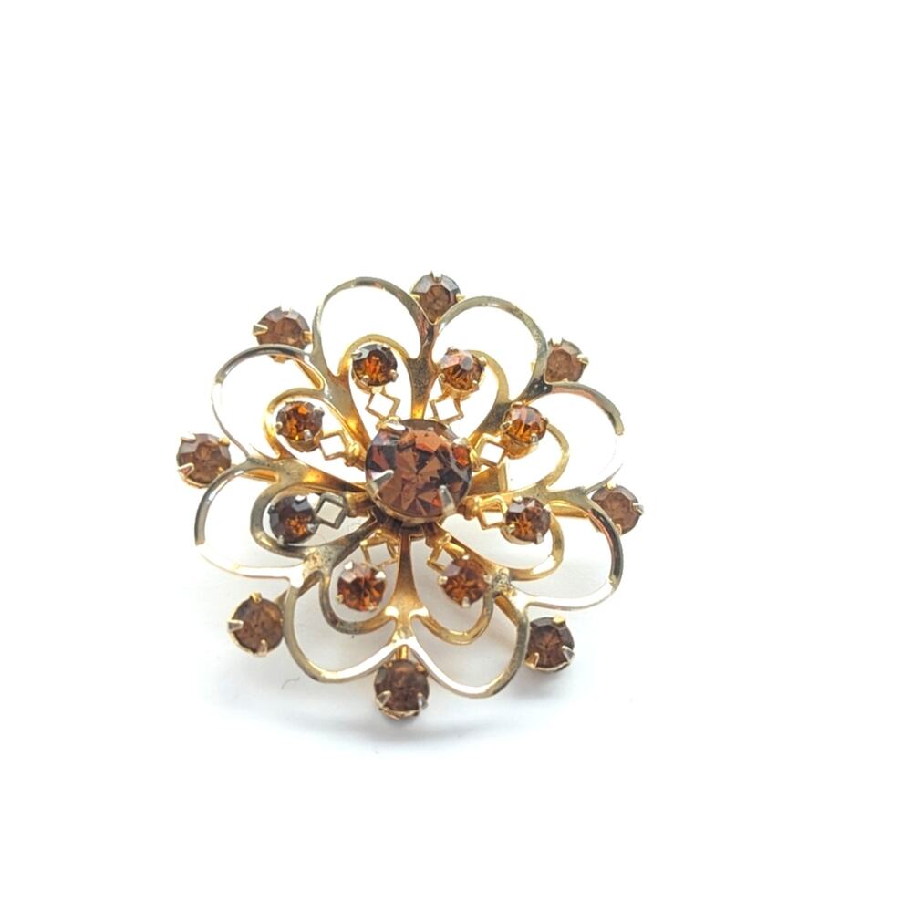 Vintage Stunning Citrine Glass Prong Set Rhinestone Gold Tone Sunburst Brooch
